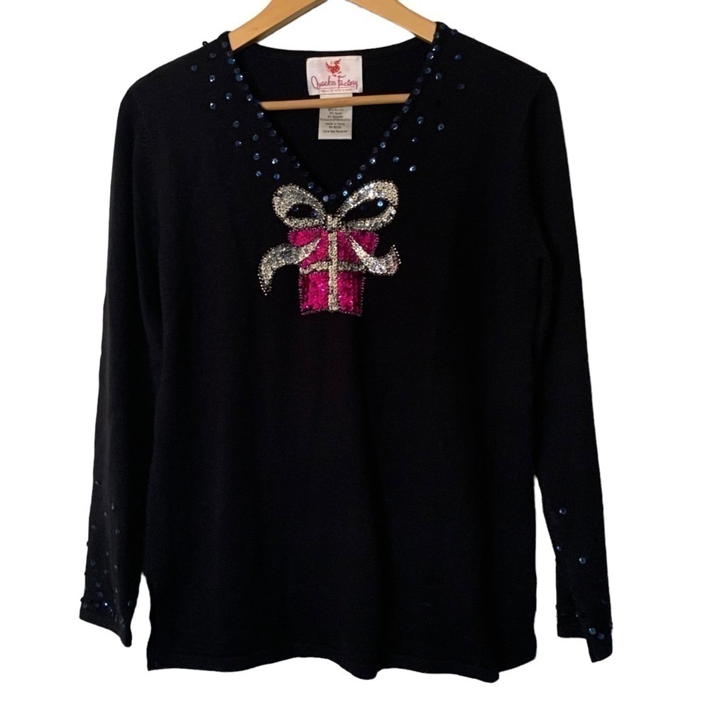 Quaker Factory Holiday Christmas Pink Sequined Gift Box Black Sweater Sz XS/S/M